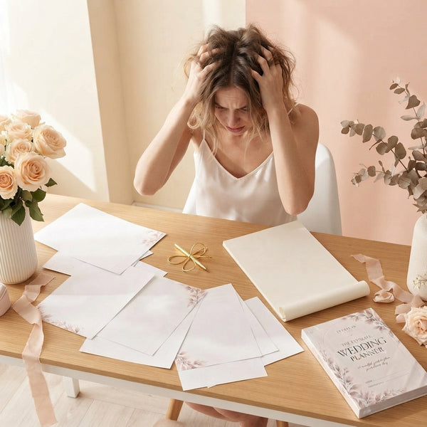 A bride sitting at a desk with scattered papers and a blank notebook representing the stress of starting wedding planning.