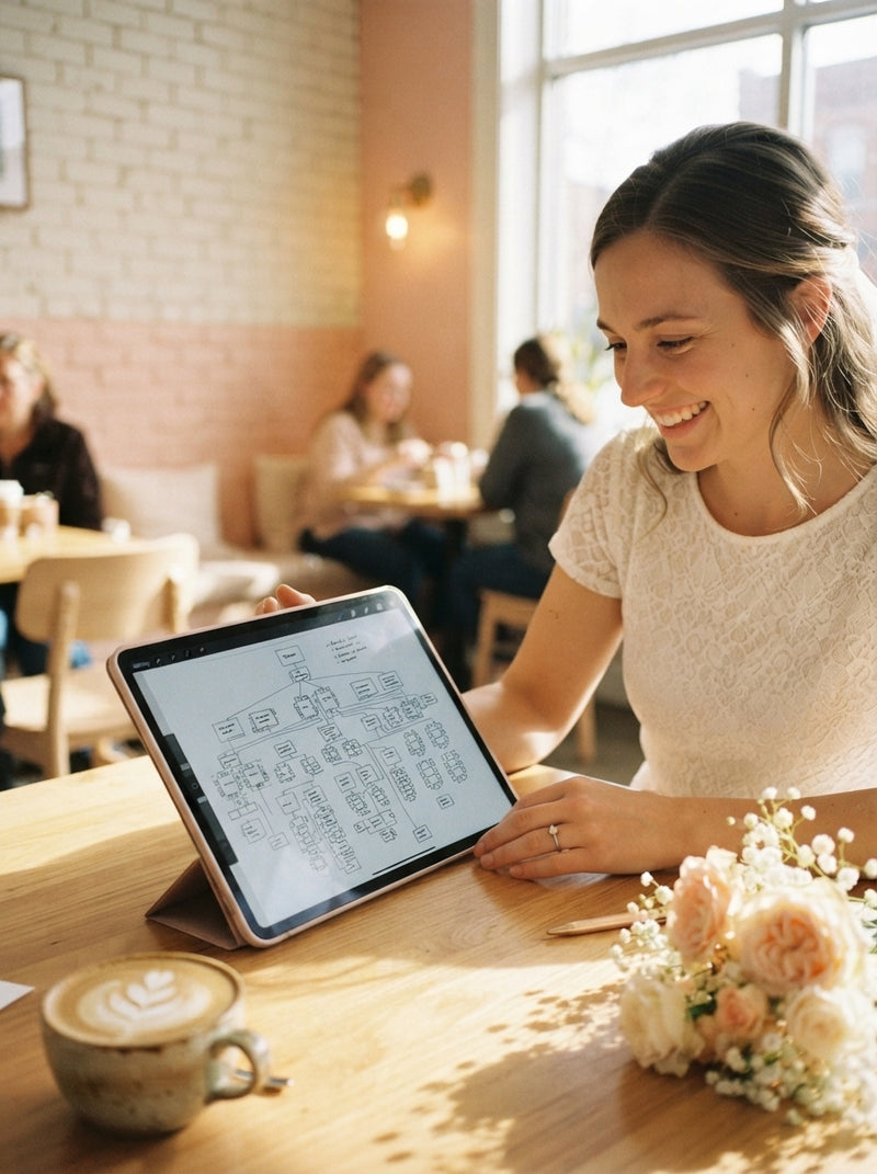 A bride editing a wedding seating chart on a tablet while relaxing in a bright, sunlit coffee shop.