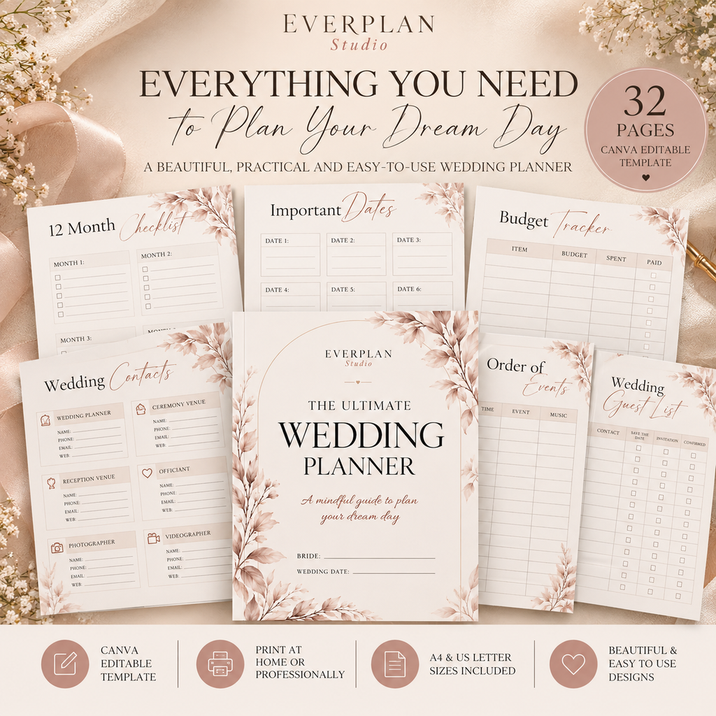 The Ultimate Wedding Planner Canva Bundle | 10 Editable Templates + 4 Bonuses