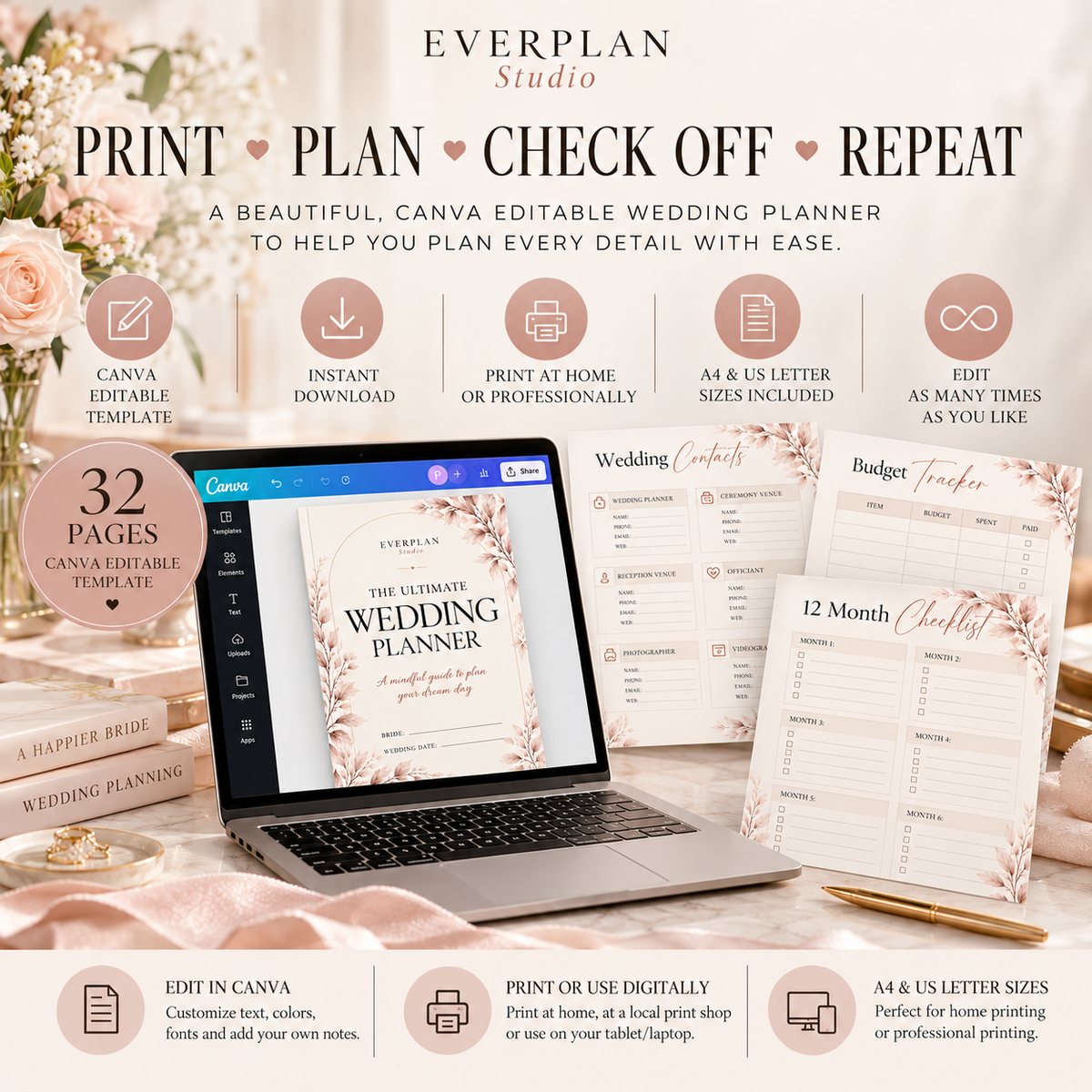 The Ultimate Wedding Planner Canva Bundle | 10 Editable Templates + 4 Bonuses
