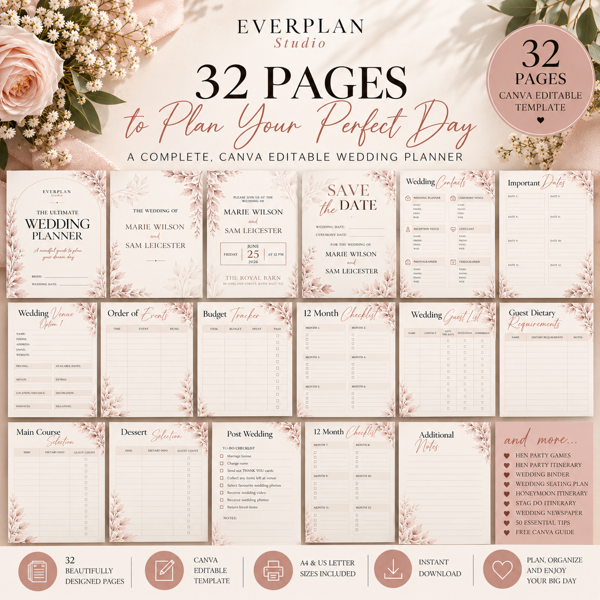 The Ultimate Wedding Planner Canva Bundle | 10 Editable Templates + 4 Bonuses